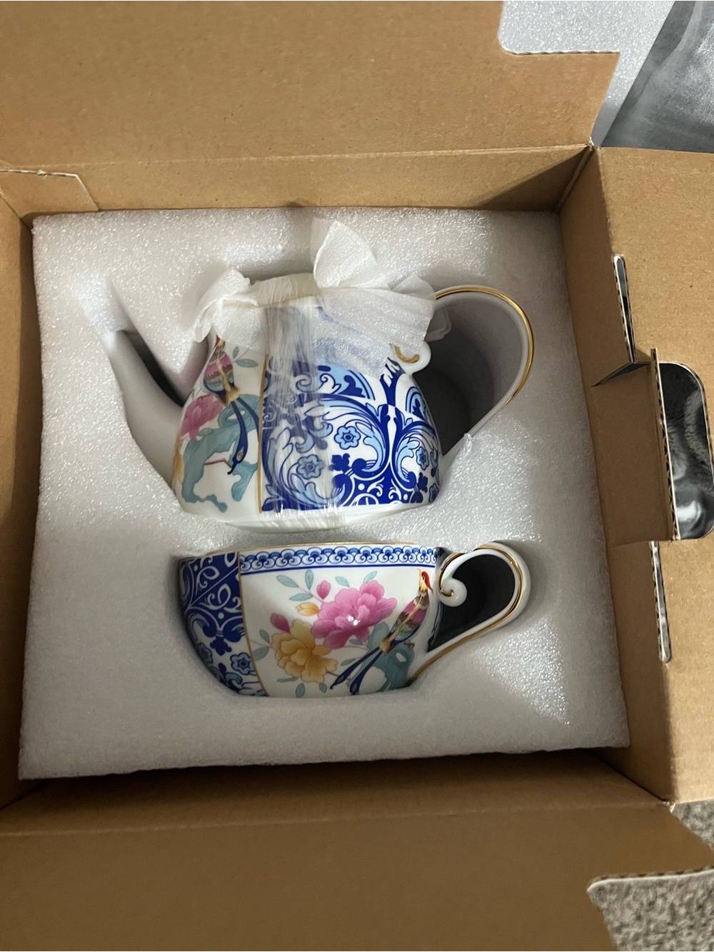 Bone China Floral Teapot and Cup Set - White with Blue & Pink Accents - Picture 2 of 4